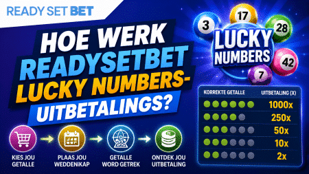 Banner promoting a 'Lucky Numbers' betting feature with bold Dutch headings and colorful lottery balls, implying how payouts work.