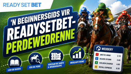 Banner promoting a betting guide with bold 'READY SET BET' text and horse race scene on a green background, fast-paced feel.