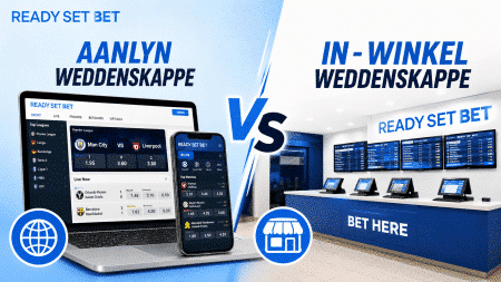 Comparison banner: left shows online betting on laptop and mobile, right shows a physical betting shop with 'READY SET BET' branding, 'VS' in center